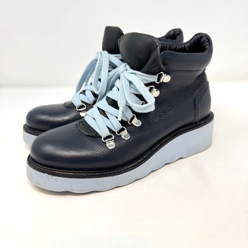 Urban Outfitters Platform Boots 6 Blue Leather Utility Combat Casual Wedge